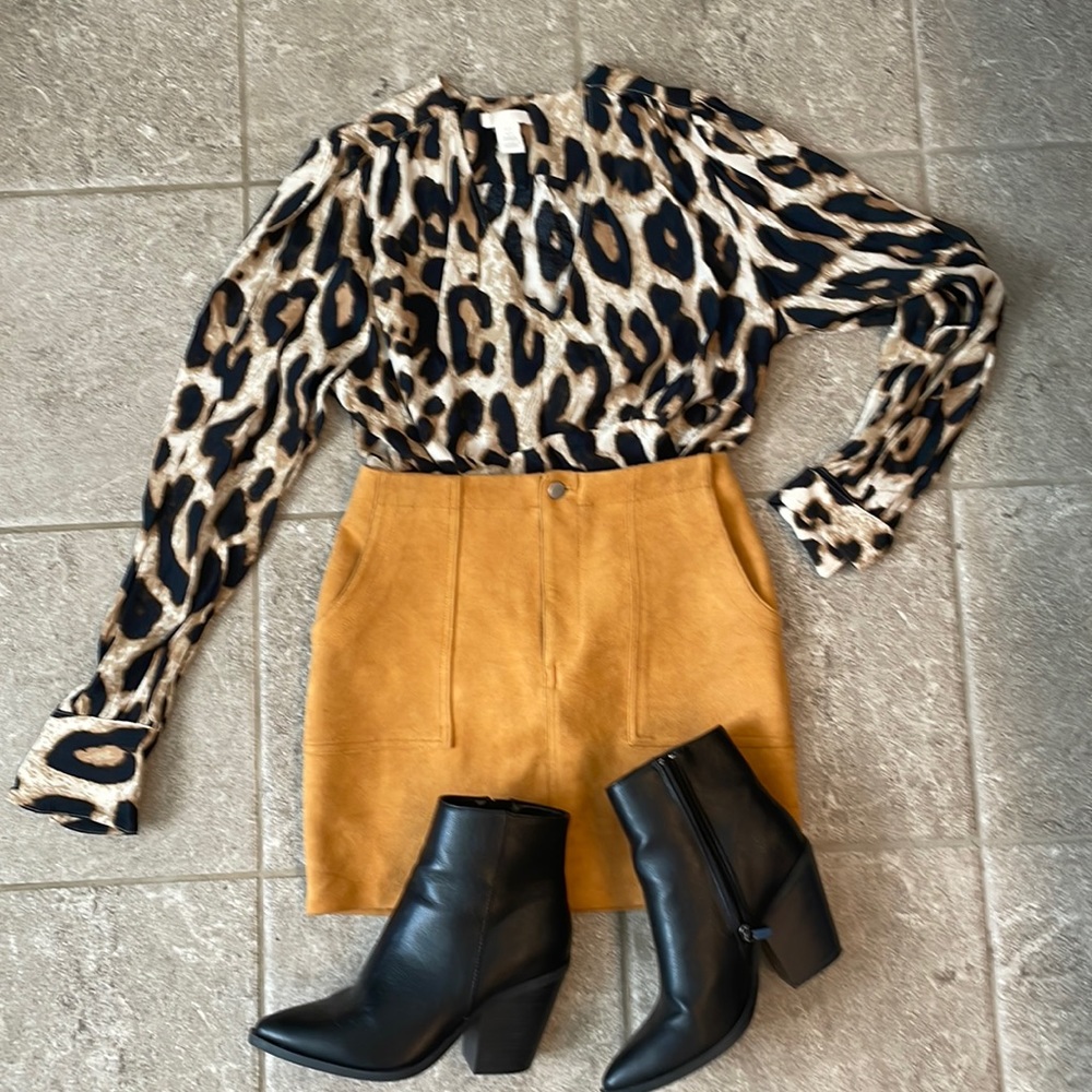 Leopard Print Blouse with Mustard Yellow Mini Skirt